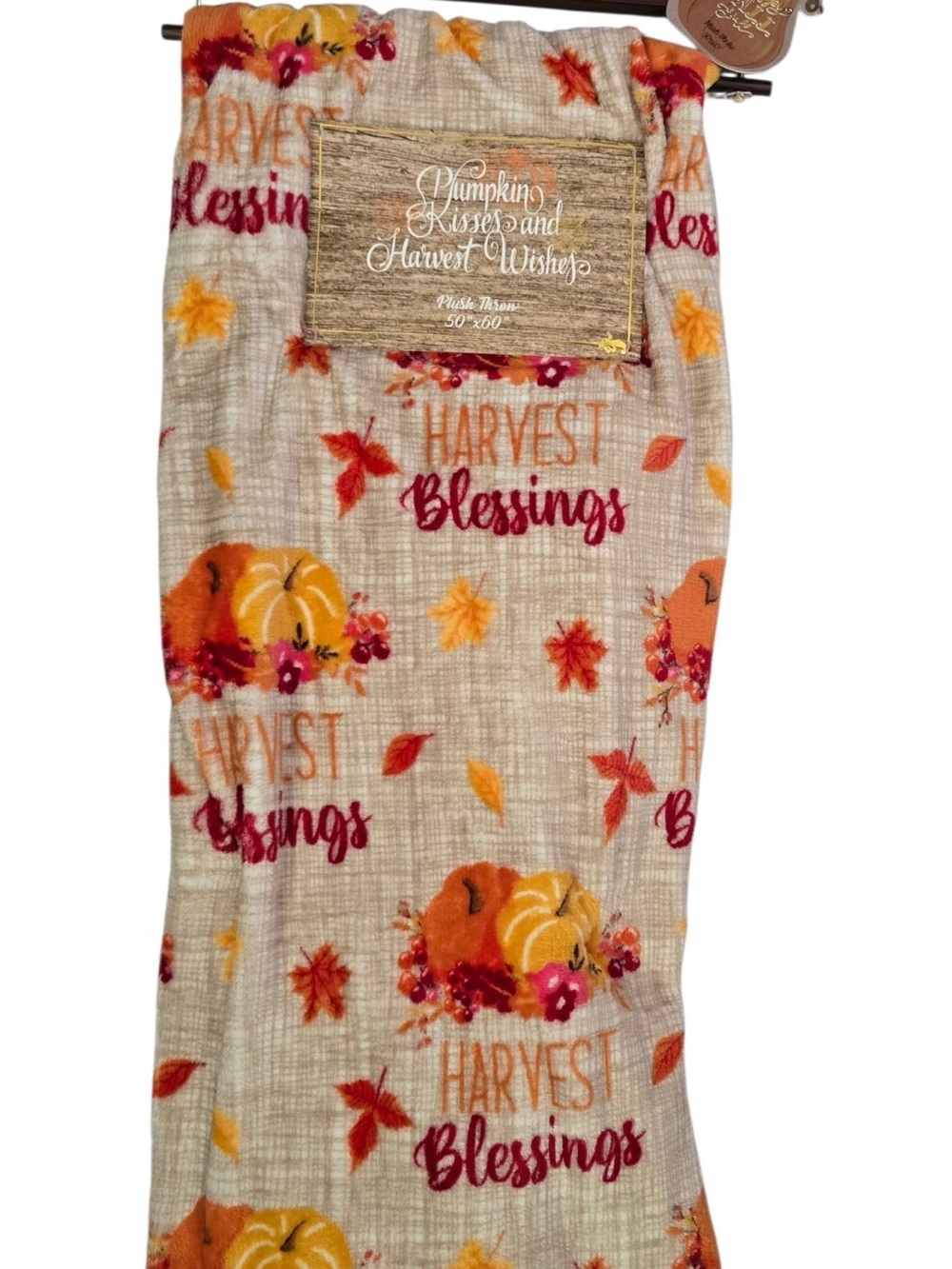 Harvest Blessings Pumpkin Throw Blanket - Cream with Orange & Red Accents